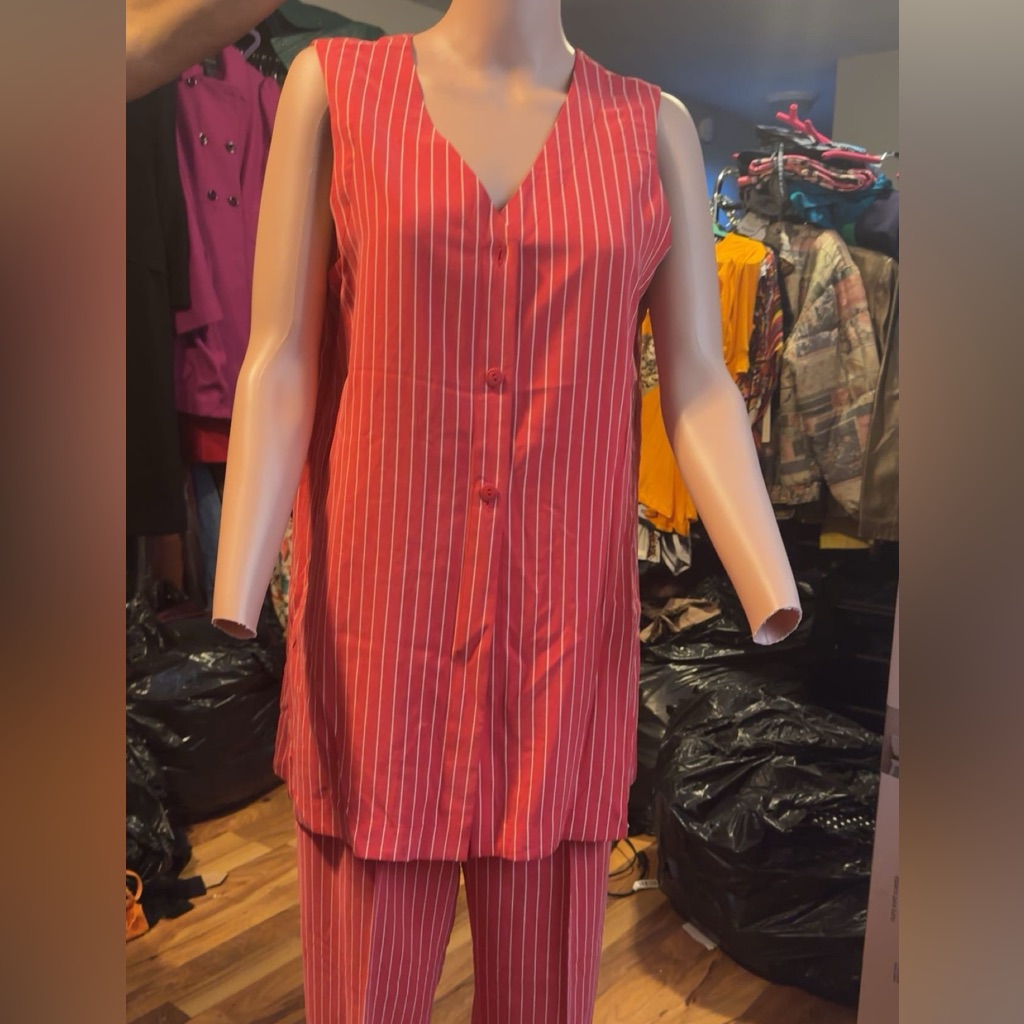 Worth Silk Women’s Sleeveless Button Top With Stripe Pants Color Red/White